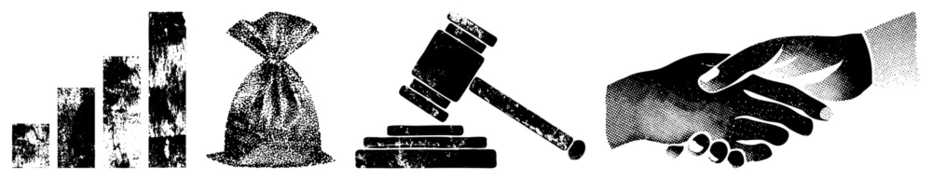 Set of financial and business bar graph, money bag, gavel, handshake, rendered in halftone texture, ideal for commerce or legal themes.