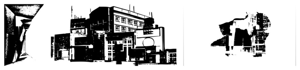 Obraz premium Stylized architectural forms rendered in bold black and white vector shapes, minimalist urban structures, graphic cityscape, halftone texture overlay, modernist design.