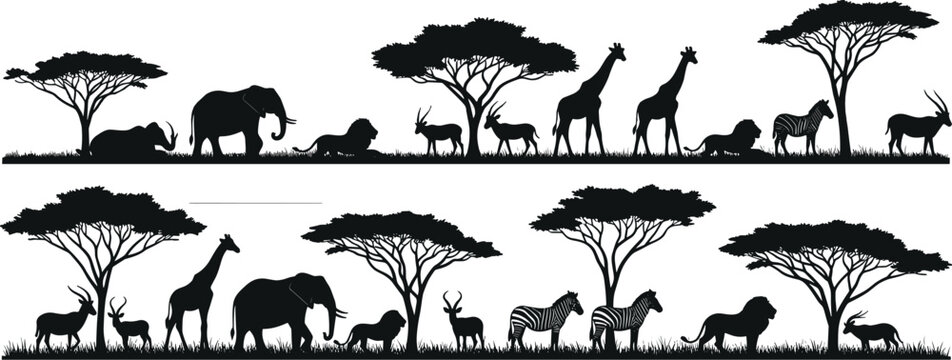 African Safari Wildlife Silhouette Border Set with Elephant Giraffe Zebra Lion Antelope and Acacia Tree Landscape Scenes for Nature Conservation Banner Header and Graphic Design Projects