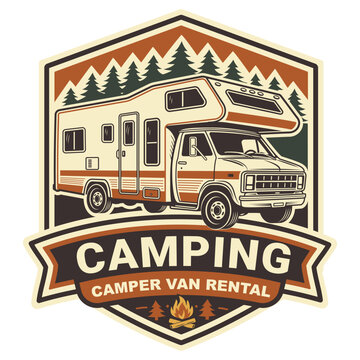 Vintage RV camper color vector badge. Retro design fot outdoor adventure logo, road trip graphics. Perfect for camping, travel branding, camper van rental promotions or travel merchandise.