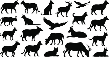 Obraz premium Wildlife and Farm Animal Silhouette Icon Set with Wolf Deer Cattle Goat and Bird Shapes Collection for Nature Education Logos Apps and Graphic Design Projects