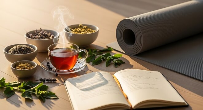 A peaceful morning scene featuring a warm cup of herbal tea beside a yoga mat and an open journal