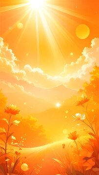 Vibrant sunny landscape with flowers and clouds