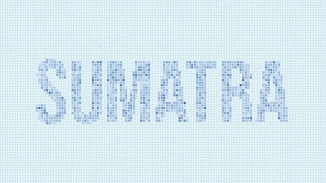 Sumatra dotted map animation. Digital style shape of the island. Sumatra shape and title blue dots appear with flickering effect. Indonesia. Creative Intro, outro, title, logo video.