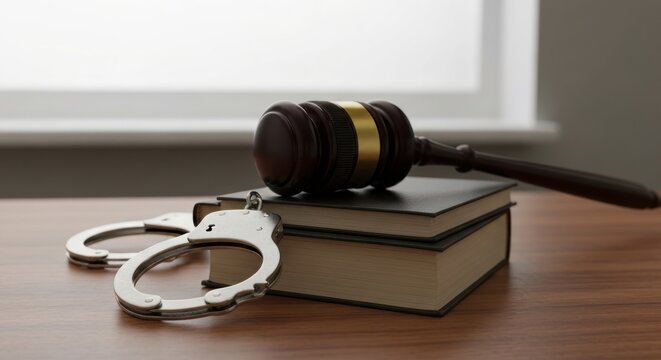 Justice system - Gavel, handcuffs, and law books on a table.