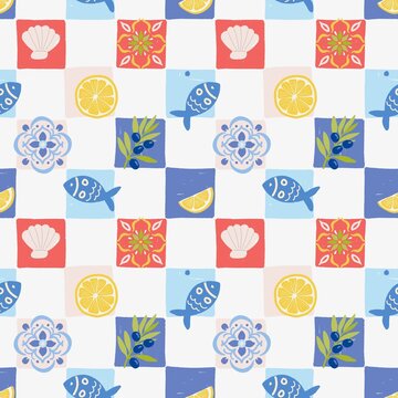 Colorful Mediterranean Seamless Pattern with Fish and Shells