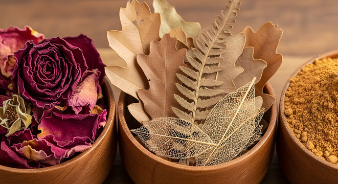 Dried Flowers Herbs and Leaves in Bowls.