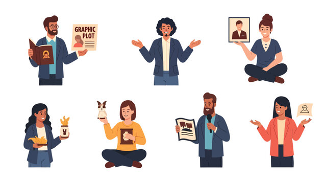 Diverse People Presenting Objects & Ideas. Communication, Information Exchange, and Discussion Concept Illustration