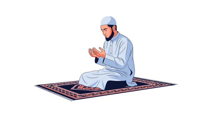 Devout Muslim man wearing a kufi cap kneeling on a traditional prayer rug while performing dua with raised hands.