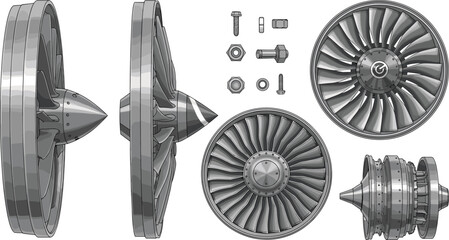Detailed airplane jet engine turbine fan blades with mechanical bolts nuts vector illustration set for aerospace engineering aviation technology and industrial manufacturing design projects © Bappi