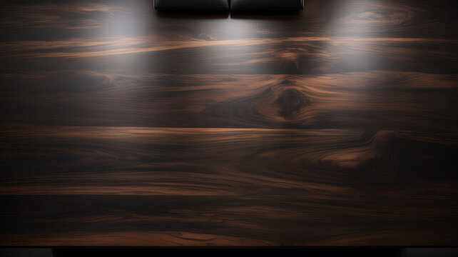 Dark brown wooden table top with shiny surface and two light spots on it in a room
