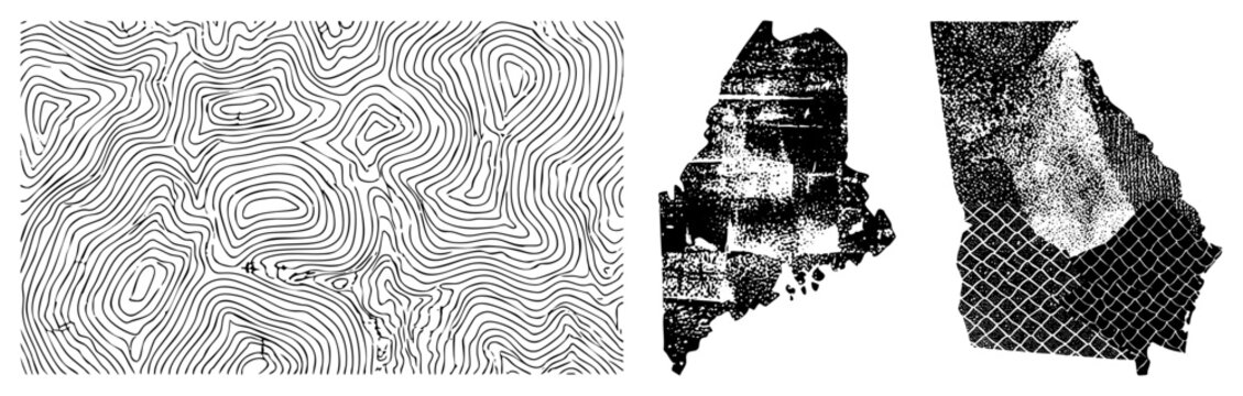 Black and white contour map showing elevation changes, geographic relief, terrain profile, hill shading, landform analysis, cartographic representation.