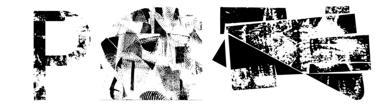 Stylized fragmented letters with halftone grain, abstract typography, graphic design elements, digital art, black and white composition.