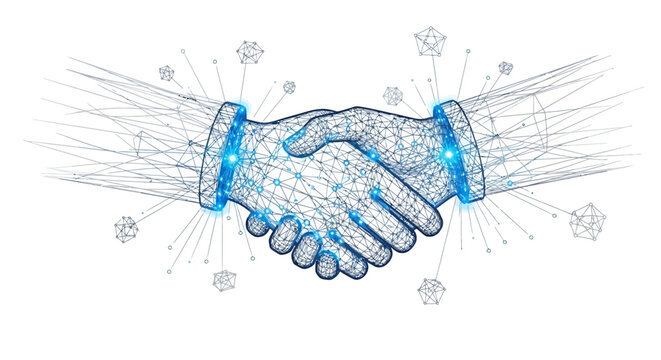 Digital handshake, abstract network connection, technology, business agreement, partnership, innovation