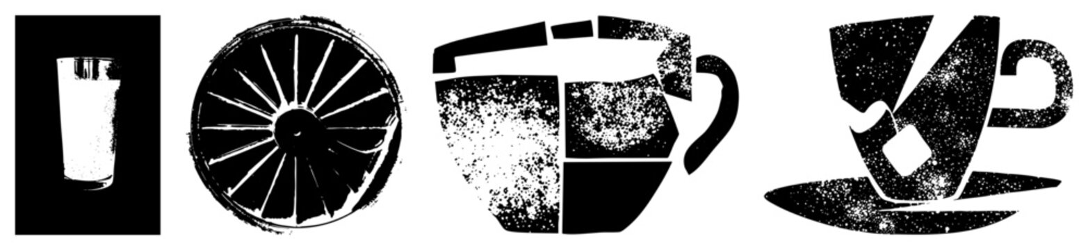 Vector depicting drink containers glass, citrus slice, mug, teacup rendered in halftone texture with bold, ideal for graphic design projects.