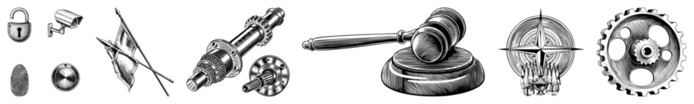 Security padlock, CCTV camera, flags, judge&rsquo;s gavel, NATO emblem, mechanical gear vector for law, safety, and.
