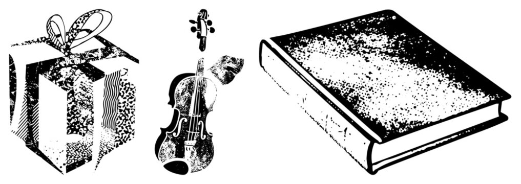 Black and white vector art of a wrapped present, musical instrument, and aged book, stylized with halftone textures and geometric, ideal for retro or artistic design projects.