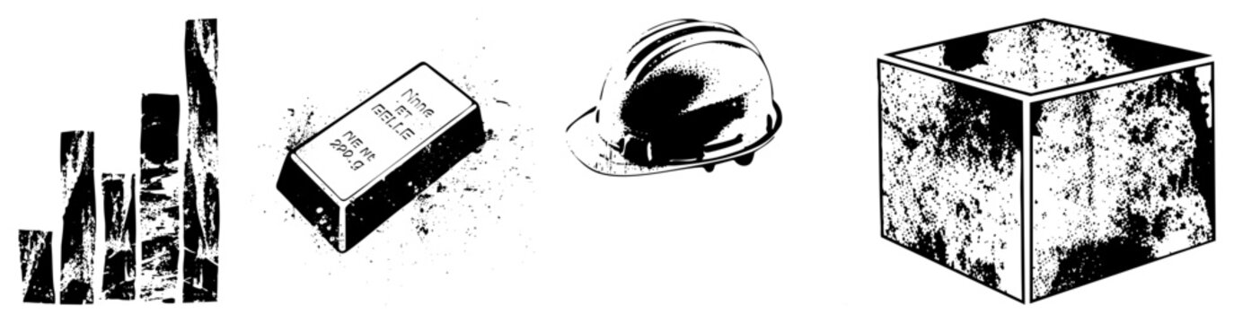Vector of industrial elements bar graph, gold bar, safety helmet, concrete block, halftone texture,, construction, finance, mining, urban.