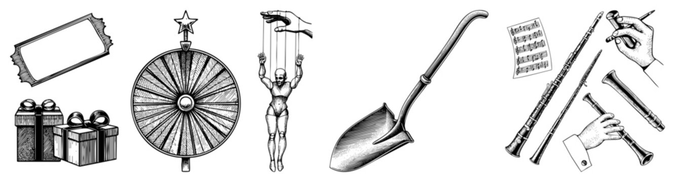 Hand drawn circus wheel, puppet, shovel, musical instruments, gifts, ticket classic entertainment symbols in detailed art, ideal for retro branding or stage design.