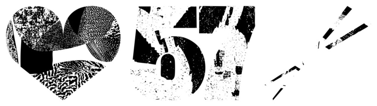 Graphic design featuring stylized heart, number 57, and arrow shapes with halftone textures, vector art,, isolated elements, modern abstract composition.