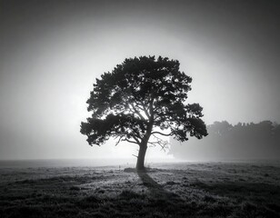 Obraz premium A lone tree stands in a foggy field with a glowing background