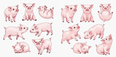Set of cute cartoon piglets in various poses, adorable farm animal illustrations. © Akun