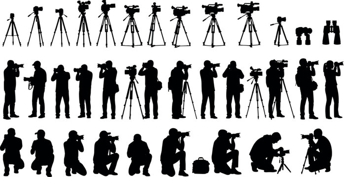  Photography and videography silhouette vector illustration icon, black design featuring cameras, tripods, and people symbolizing media and creative concept