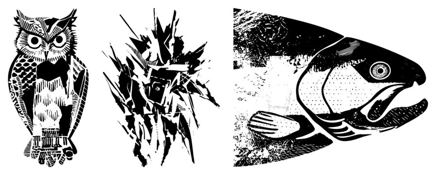 Stylized owl with geometric, explosive abstract, salmon head with halftone scales all vector art with high contrast and isolated foregrounds.