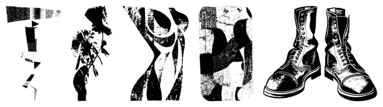 Black and white vector illustrations featuring fragmented geometric forms and detailed combat boots, rendered in halftone texture, ideal for graphic design or apparel.