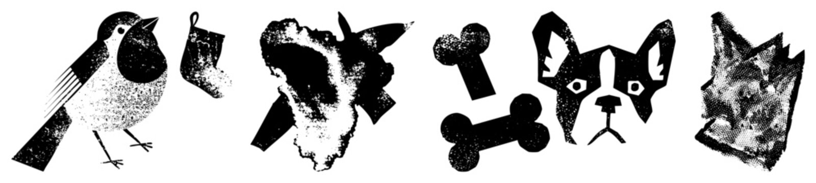 Festive dog and bird with bone and motifs, halftone textures, black vector, holiday pet themes, isolated cutout graphics.
