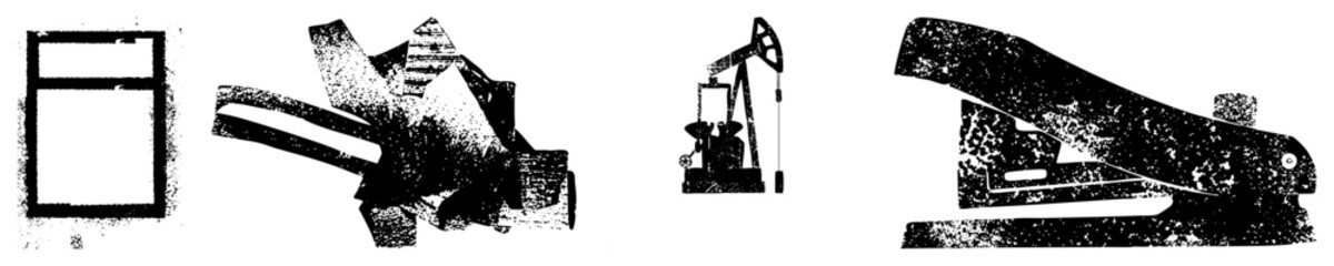 Obraz premium Halftone vector window, gear, pumpjack, stapler. Grainy texture. Perfect for retro tech or industrial design.