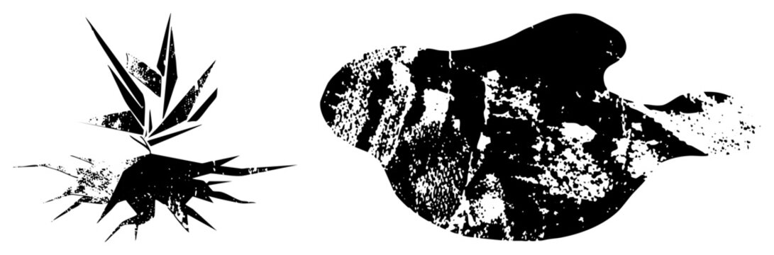 Bold black and white grunge textures with ink splatters and streaks perfect for or design. Also called distressed motifs or urban decay textures.