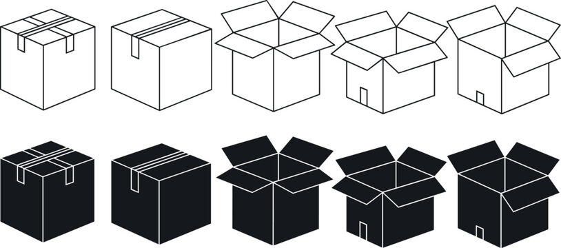  Black silhouette vector illustration of box icons in open and closed states, packaging artwork, storage design element, container symbol