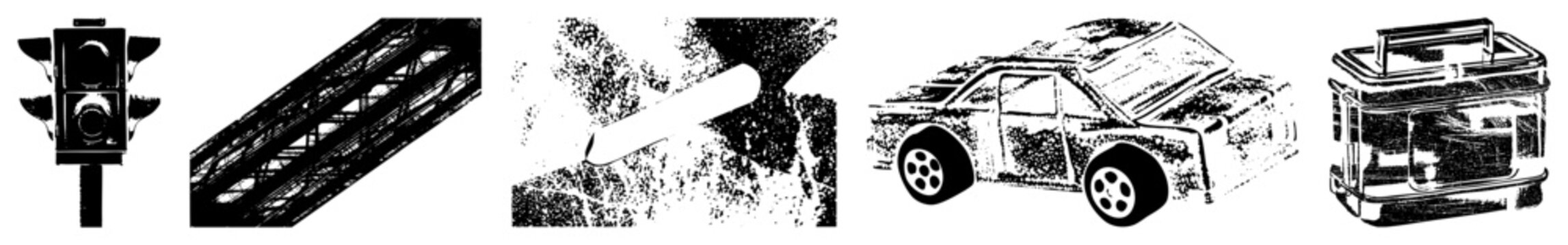 Black and white vector traffic, steel truss bridge, rolling pin in flour, car with open hood, toolbox. Minimalist halftone style, isolated objects for design use.