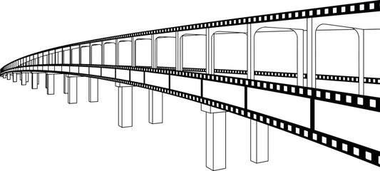 Fototapeta premium Minimal continuous line vector illustration of elevated monorail structure with filmstrip design, elegant abstract artwork symbolizing movement, progress, storytelling, creativity