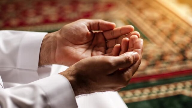 Man praying with cupped hands on prayer mat in sunlight