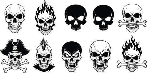 Fototapeta premium Skull character vector set featuring pirate skulls with hats mohawk skull flaming skulls and aggressive silhouettes for heavy metal t-shirt designs and edgy branding