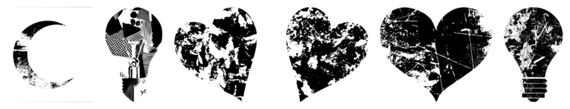 Distressed graphic featuring moon, skull heart fusion, and lightbulb with gritty textures, vector art for design projects.