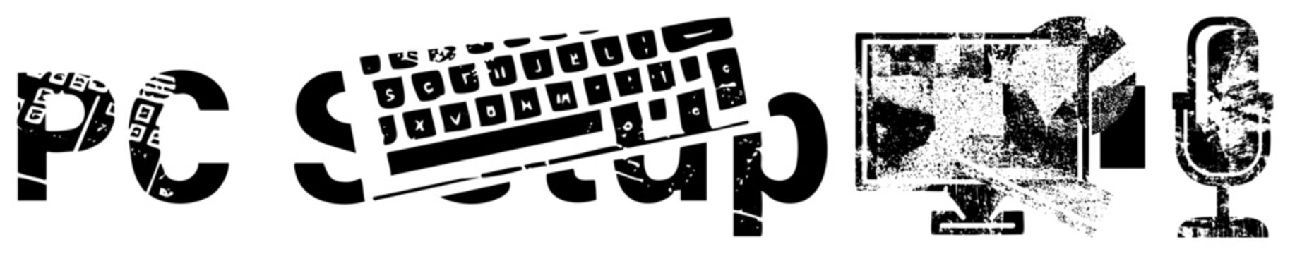 Distressed digital workstation, retro computer gear, tech station, gaming rig, setup, pixelated interface, tech.