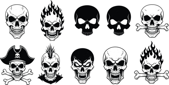 Skull character vector set featuring pirate skulls with hats mohawk skull flaming skulls and aggressive silhouettes for heavy metal t-shirt designs and edgy branding