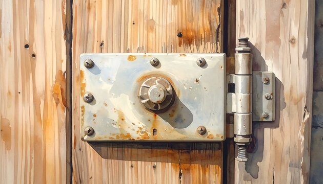 A close-up of a rusty metal latch on a wooden door