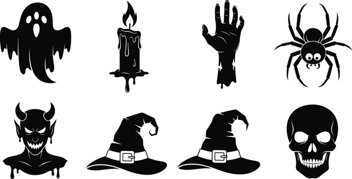 Spooky Halloween icons set featuring black silhouettes of ghosts candles zombie hands spiders devil heads witch hats and skulls for gothic horror designs