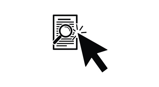 Document, search, magnifying glass icon, cursor click, black vector graphic