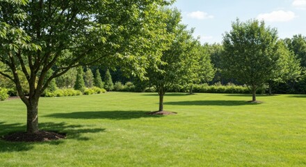 Fototapeta premium Lush Green Lawn with Trees on a Sunny Day.