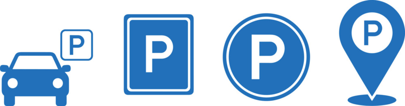  Blue vector illustration of parking icons with car, map pin, and signage, navigation artwork, transport design element, location symbol