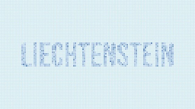 Liechtenstein dotted map animation. Digital style shape of the country. Liechtenstein shape and title dots appear with bulb flickering effect. Intro, outro, logo, title video.