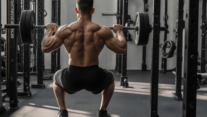 Fototapeta premium Muscular athlete performing heavy barbell squats in a modern gym.