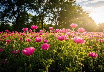 Obraz premium Vibrant pink flowers in a sunny green field with trees