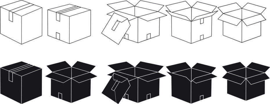  Box transformation icons vector illustration with black and white design, packaging process symbol artwork, open close concept element