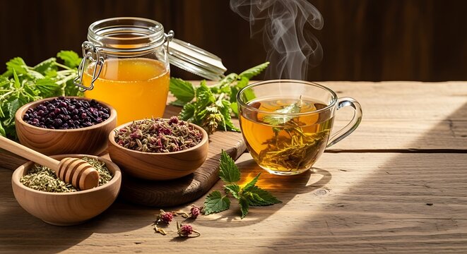 A steaming glass cup of herbal nettle tea served with fresh honey and various dried medicinal herbs